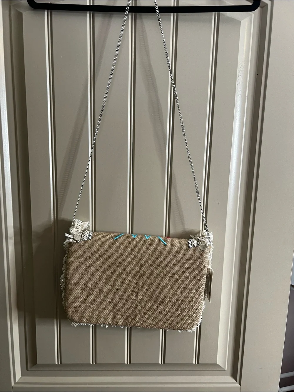 Boho Fringe Embroidered Crossbody Bag in Beige and Turquoise